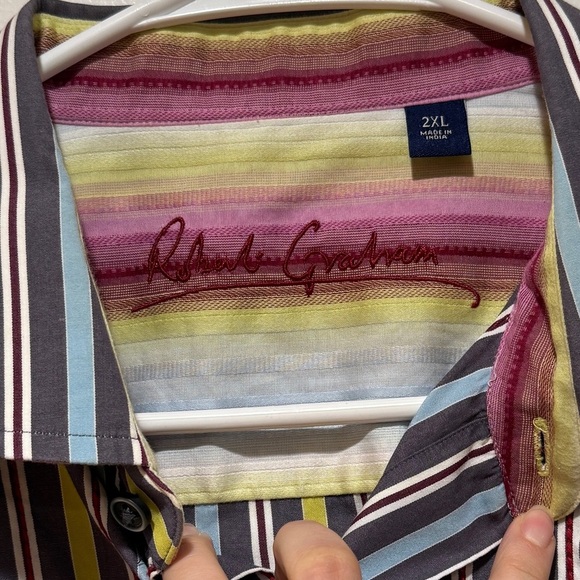 Robert Graham Mens Striped Flip Cuffs Button Up Shirt 2XL Embroidered Multicolor - Picture 6 of 13
